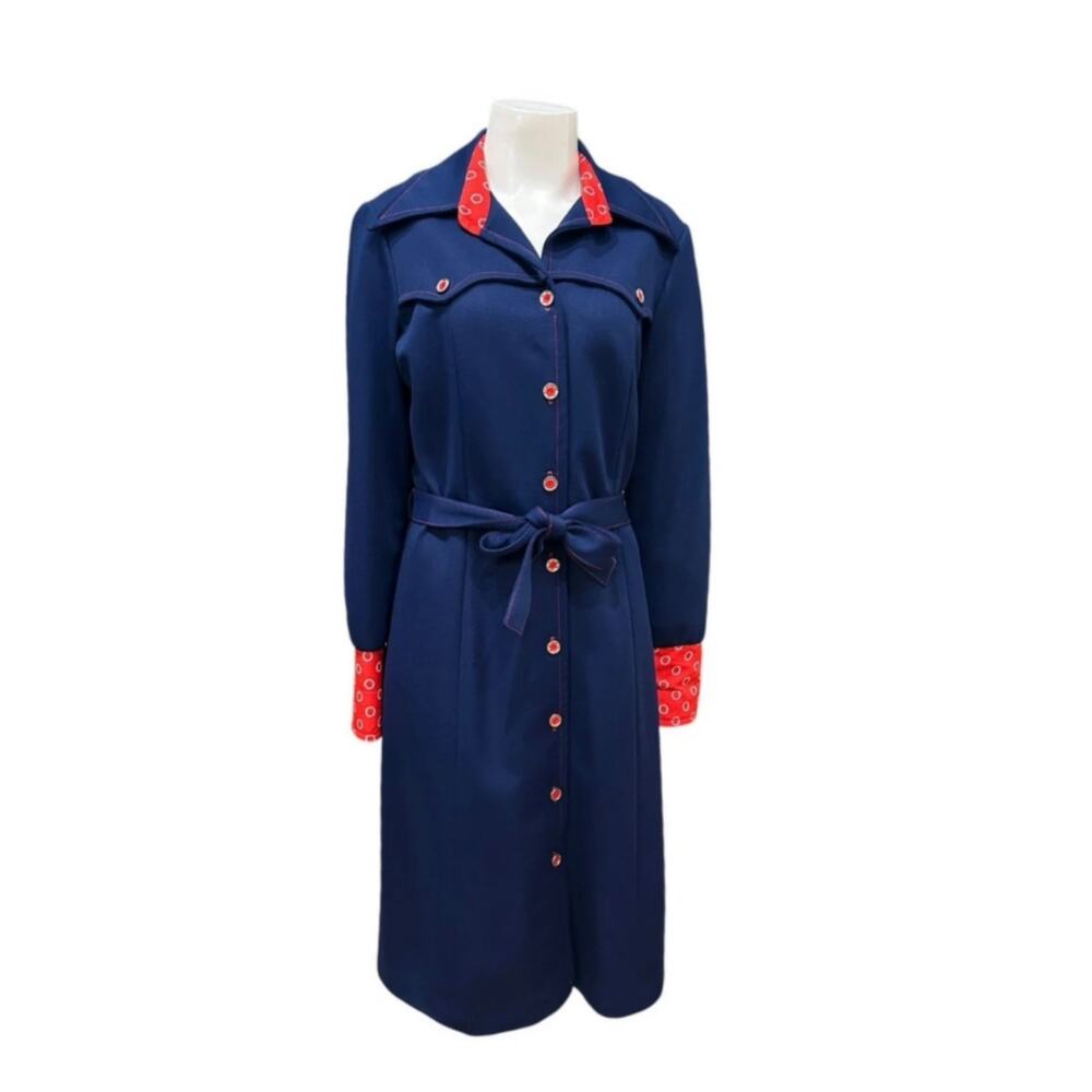 Vintage 1970s Country Miss Navy Western Shirt Dress Bandana Trim M L -
